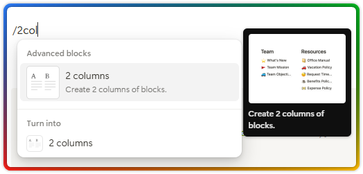 Deep Dive into Notion Blocks 98 Notion Advanced Blocks columns