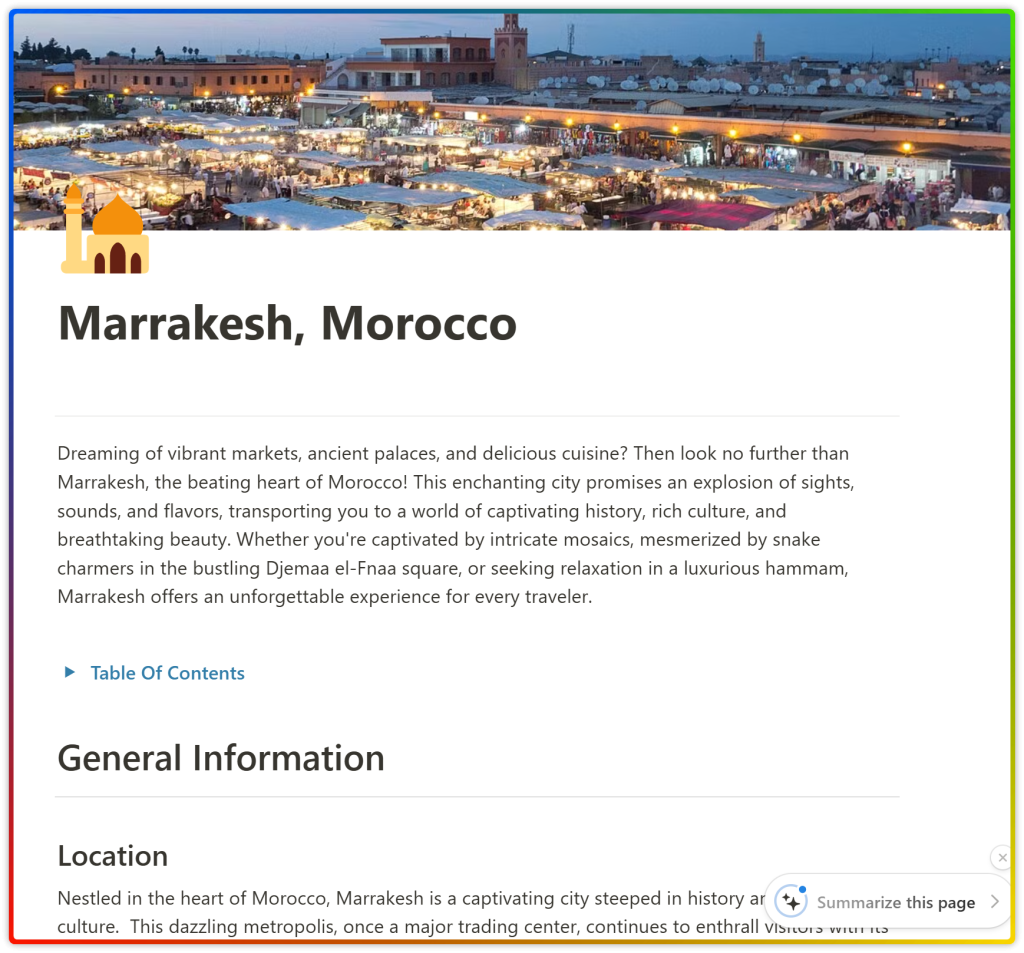 How to Effectively Create Notion Pages 7 Notion page about Marrakesh