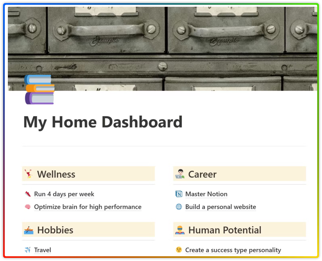 How to Effectively Create Notion Pages 4 Personal dashboard in Notion with categories